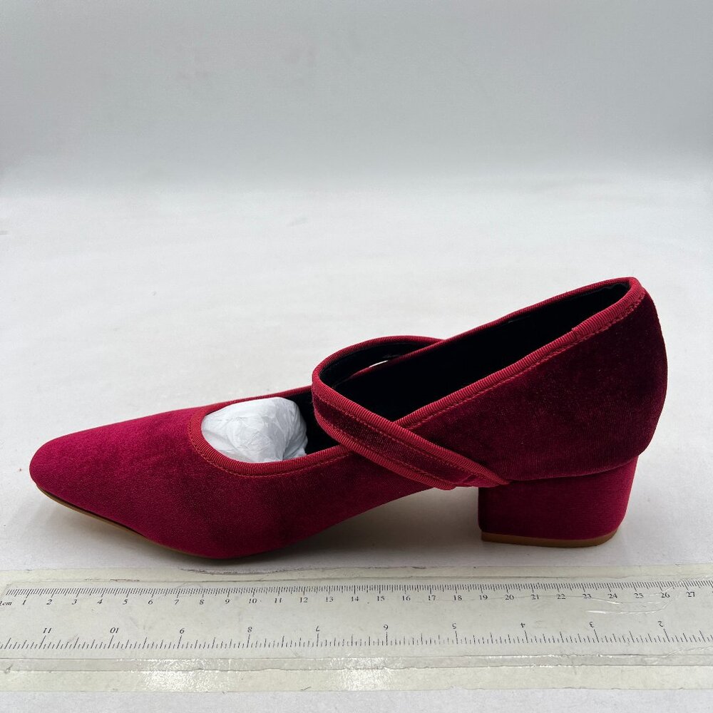 XYD Wine Elegant Velvet Pointed Toe Mary Jane Pumps Chunky Heel Slip On Shoes